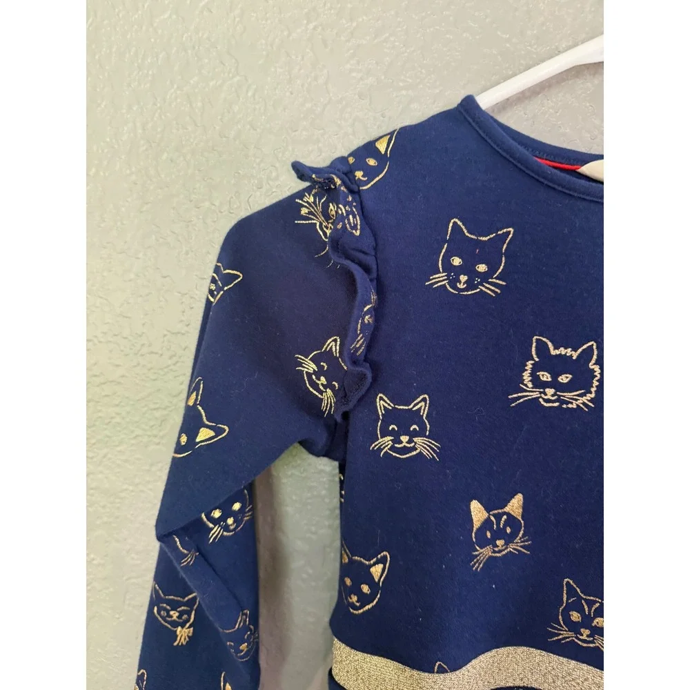 Mini Boden Girls Navy Blue Gold Foil Cat Face Ruffle Skater Dress Size 7-8Y